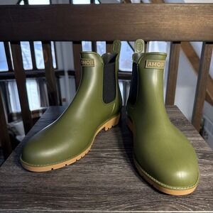 AMOJI Unisex Ankle Chelsea Short Rubber Rain Boots OLIVE Green US SZ WM 11, M 9